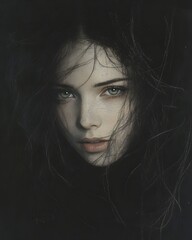 Dreamlike pastel portrait featuring gentle facial features accentuated by soft lighting ethereal skin tones and wispy tendrils of hair framing the face