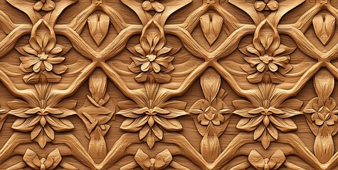 3d seamless pattern with carved wooden flowers