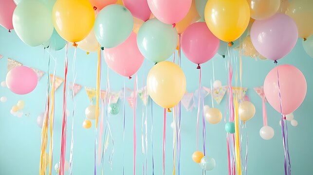 Cheerful pastel themed birthday party colorful balloons floating overhead streamers and garlands cascading from the ceiling creating a whimsical celebratory atmosphere