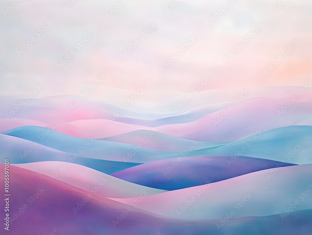 Poster surreal pastel toned panorama with undulating terrain in muted pinks blues and purples hazy and ethe