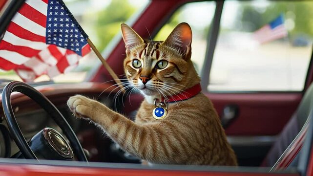 Cat Driving a Vintage Car Decorated With an American Flag Generative AI