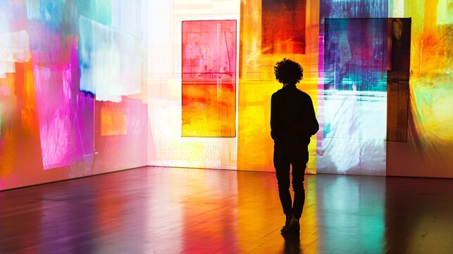 An introspective individual marvels at vibrant contemporary art installations, igniting a spark of inspiration and creativity.