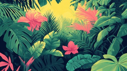 Lush Tropical Jungle with Vibrant Pink Flowers and Green Foliage