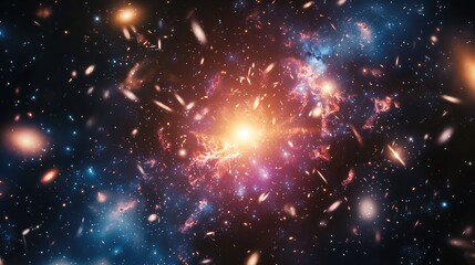 Fototapeta premium Stunning depiction of a cosmic explosion, featuring vibrant colors and swirling galaxies in deep space, evoking awe and wonder.