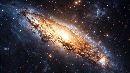 Obraz premium Stunning galactic view showcasing a spiral galaxy illuminated by radiant stars against the vastness of space.