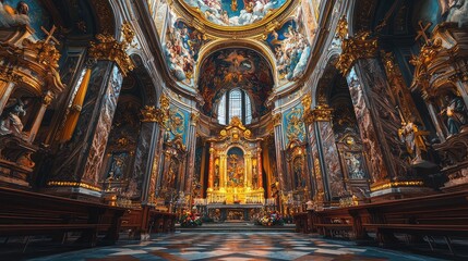 Obraz premium Stunning interior of an ornate church, showcasing intricate sculptures, vibrant frescoes, and a serene atmosphere.