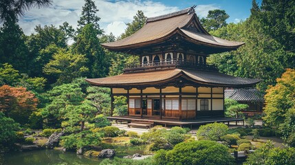 Stunning Japanese temple surrounded by lush greenery and tranquil water, showcasing classic architectural beauty in nature.