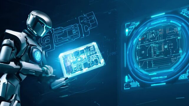 Robots working on futuristic factory. Concept of technology, robotics, artificial intelligence and future.