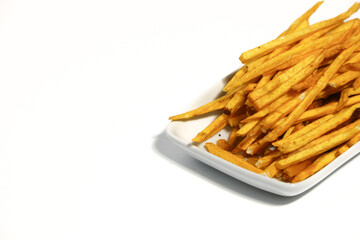Sweet potato sticks on white background