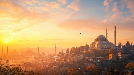 Fototapeta premium Stunning sunrise over a historic city, showcasing ancient architecture and vibrant colors in the sky, creating a serene atmosphere.