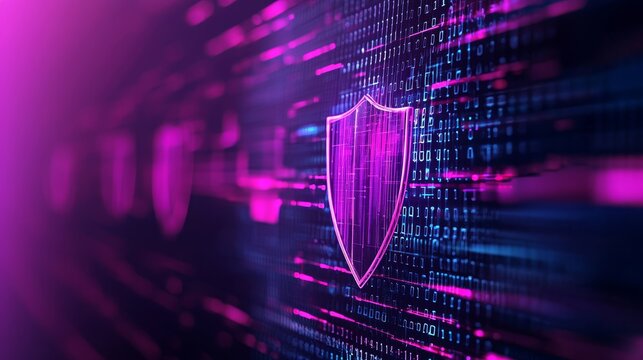 A digital shield emblem with vibrant pink and blue light trails, symbolizing cybersecurity and data protection.