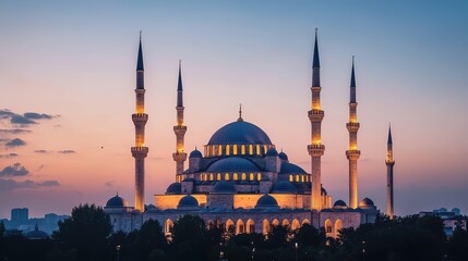 Obraz premium Stunning view of a grand mosque at sunset, showcasing its architectural beauty and illuminated minarets against a colorful sky.