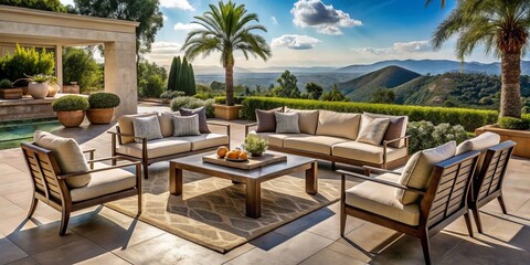Fototapeta premium Transform your outdoor gatherings with this elegant luxury patio furniture set, designed for California living.