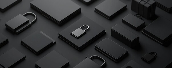 A collection of black locks and security devices arranged on a dark background, emphasizing themes of protection and privacy.