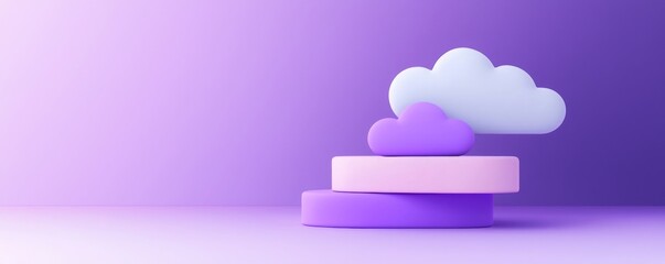 A minimalist design featuring abstract purple layered shapes and clouds against a soft violet background.