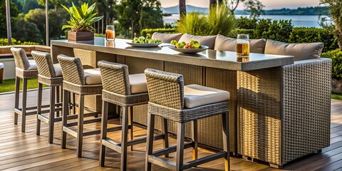 Obraz premium Transform your patio into a chic oasis with this elegant luxury outdoor bar furniture set, perfect for entertaining
