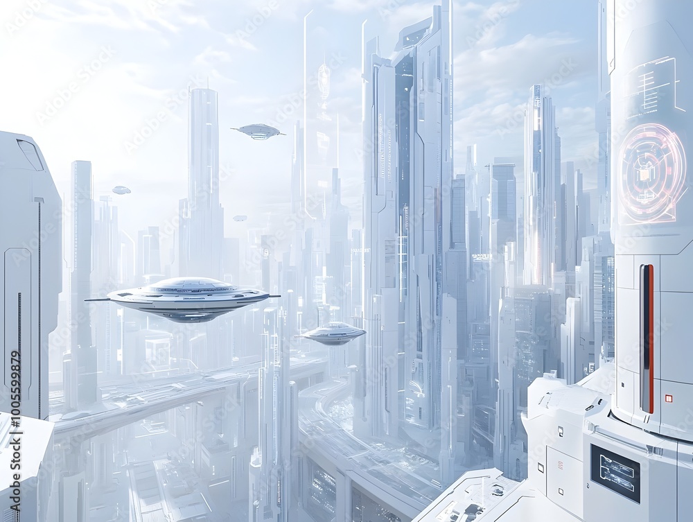 Poster sleek and futuristic cityscape with towering skyscrapers hovering transport pods and technological i