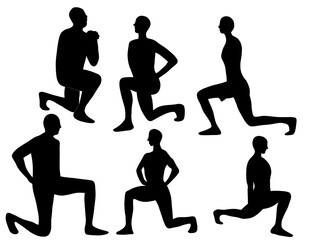 Silhouette squat person. Sit person silhouettes. Gym Squatting Position. Fit squat male female silhouettes. Set of workout squat illustration.