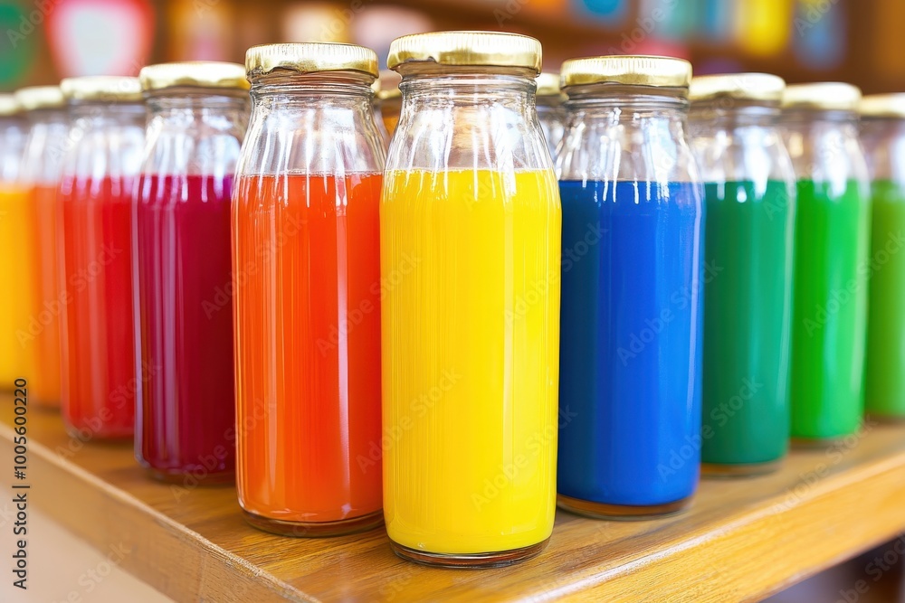 Wall mural A row of vibrant, colorful bottled drinks neatly arranged on a wooden surface.