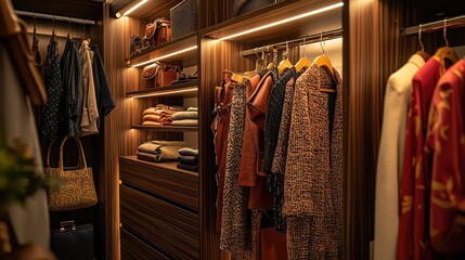 Fototapeta premium Stylish wooden wardrobe with organized clothing, showcasing a blend of casual and formal attire in a modern closet space.