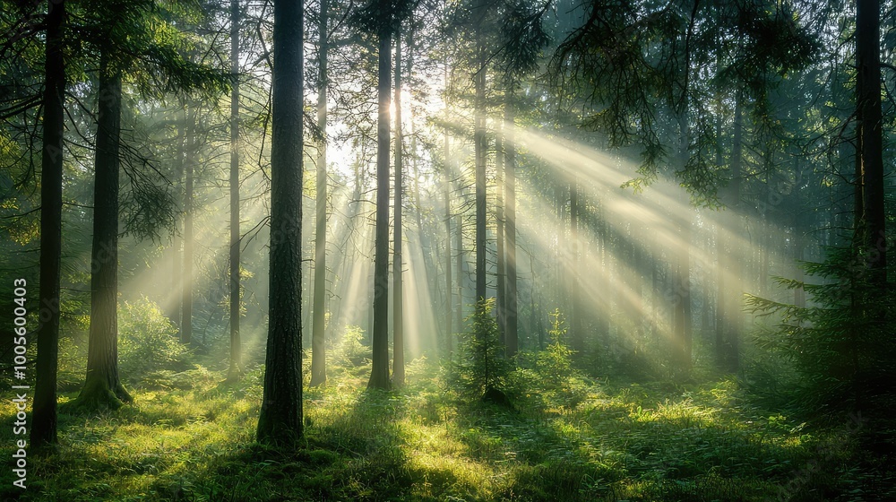 Poster sunlight streams through tall trees in a tranquil forest, creating a serene and picturesque natural 