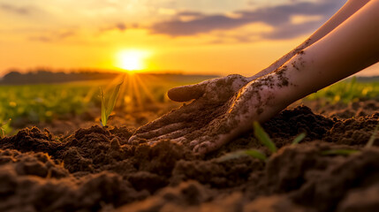 Fototapeta premium Hands in Soil at Sunset Over Rural Landscape
