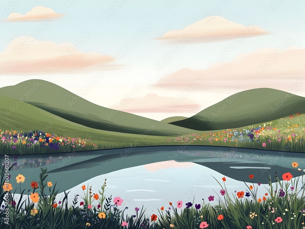 Poster A serene and tranquil minimalist landscape scene featuring gently rolling hills wispy clouds and a colorful array of wildflowers surrounding a calming pond in the early morning light