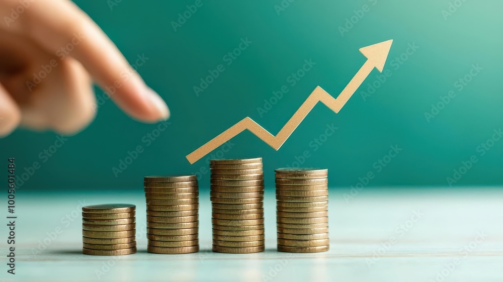 Poster the image shows a hand pointing at an upward trend represented by a graph overlaid on stacks of coin
