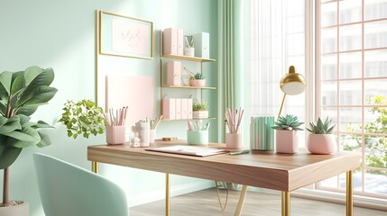 Sophisticated pastel home office setup featuring a minimal wood and brass desk pastel pink and mint green accents an array of elegant stationery and succulent plants