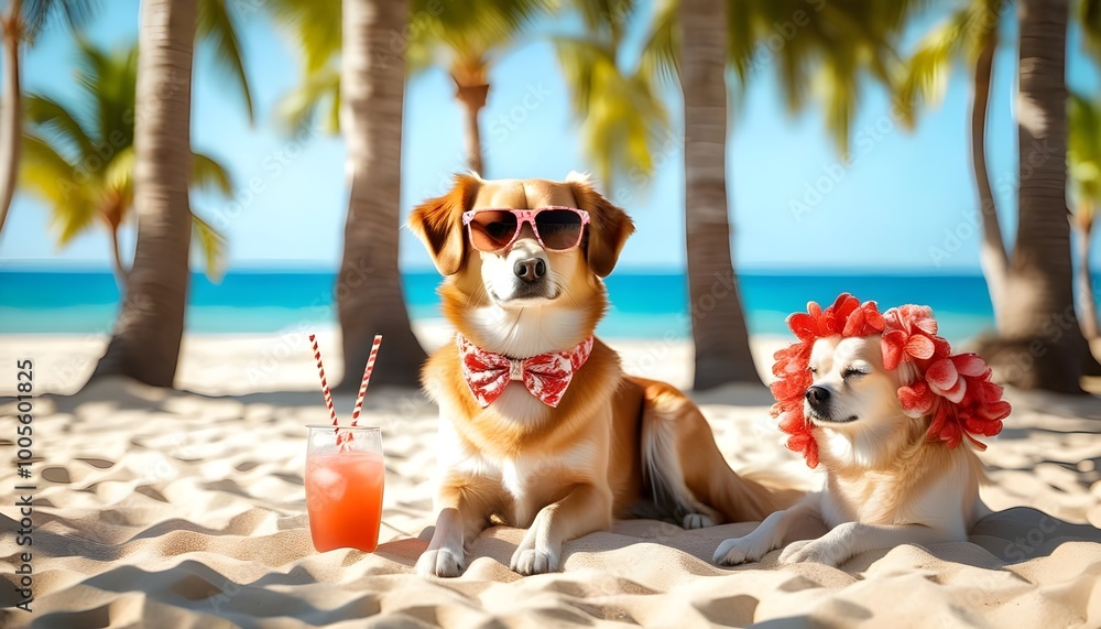 Wall mural Golden Retriever enjoying relaxation at a tropical resort surrounded by palm trees in a peaceful vacation setting