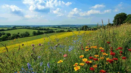 Fototapeta premium Vibrant meadow filled with colorful wildflowers, set against rolling hills and a bright blue sky, capturing nature's beauty.