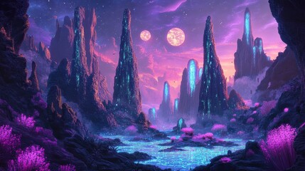 Fototapeta premium A surreal, otherworldly landscape with glowing rock formations, a lake, and two moons