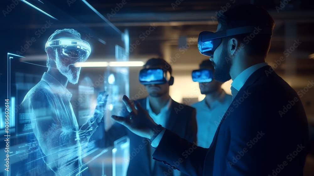 Poster corporate team utilizing advanced augmented reality tools such as digital hologram technology in a c