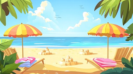 Tropical beach scene with two lounge chairs, umbrellas, towels, and sandcastles.