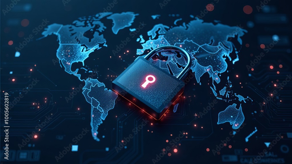 Poster data protection and cyber security with glowing chip and world map background