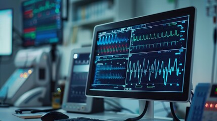 Naklejka premium Close-up of a monitor displaying heart rate and other vital signs in a hospital room.