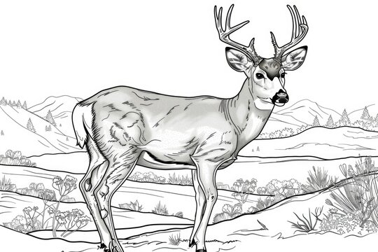Coloring book illustration of a Whitetail deer doe in a snowy landscape