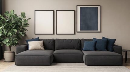 Mock up frame of a modern dark grey sectional in a comfy lounge space with light taupe walls, featuring a lively blue-toned plant and a 3D frame 