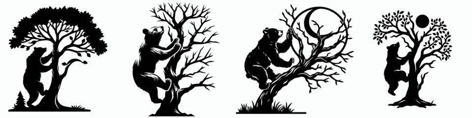 Four stylized silhouettes of bears climbing trees, showcasing different poses and interactions with their environment in a whimsical design.
