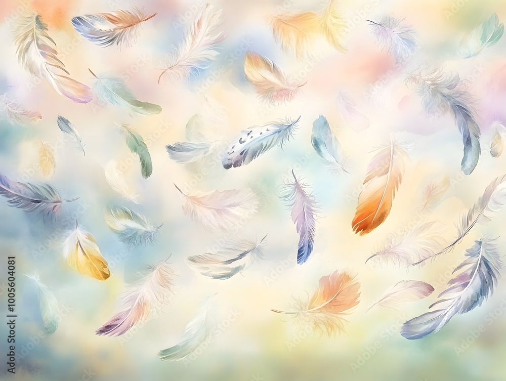 Poster delicate feather motifs in various soft pastel colors and sizes drift and interweave across a tranqu