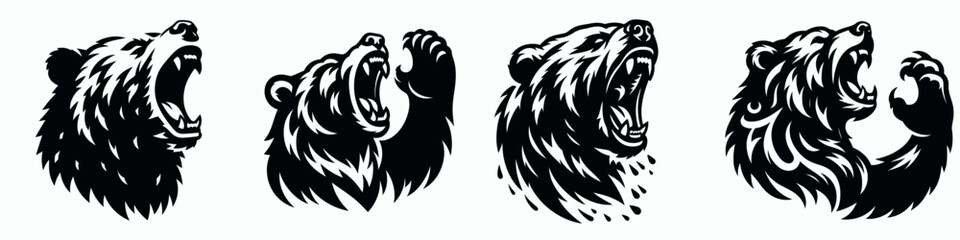 Obraz premium A series of stylized bear heads showcasing fierce expressions and dynamic poses, emphasizing strength and majesty.