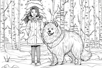 Naklejka premium Coloring book illustration of a girl in a winter coat standing with a fluffy dog in a snowy forest