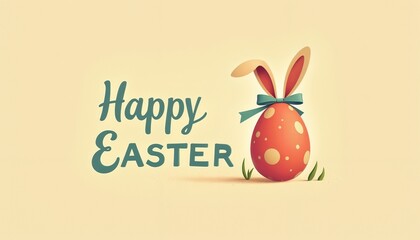 Easter egg with bunny ears and a bow next to the text "Happy Easter" in a cheerful style, easter cards illustration background