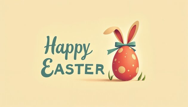 Easter egg with bunny ears and a bow next to the text "Happy Easter" in a cheerful style, easter cards illustration background
