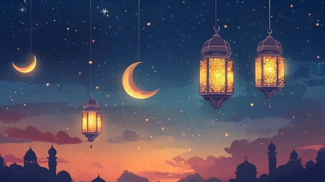 Ramadan lanterns with crescent moon and stars in a flat design Islamic cultural and religious symbols for the holy month of Ramadan and Eid