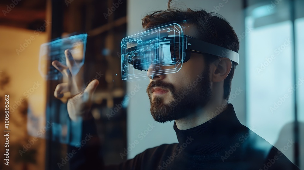 Poster futuristic business partnership with augmented reality tools and virtual using transparent holograph