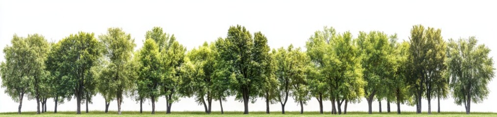 A large group of green trees in the park, against a white background, in PNG format, with super-realistic, hyper-detailed, high-resolution