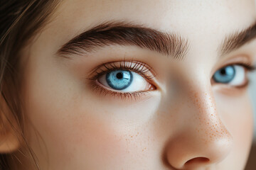 Fototapeta premium Blue eyes and perfect shapes of eyebrows. Close up portrait of beautiful young girl looking at camera.