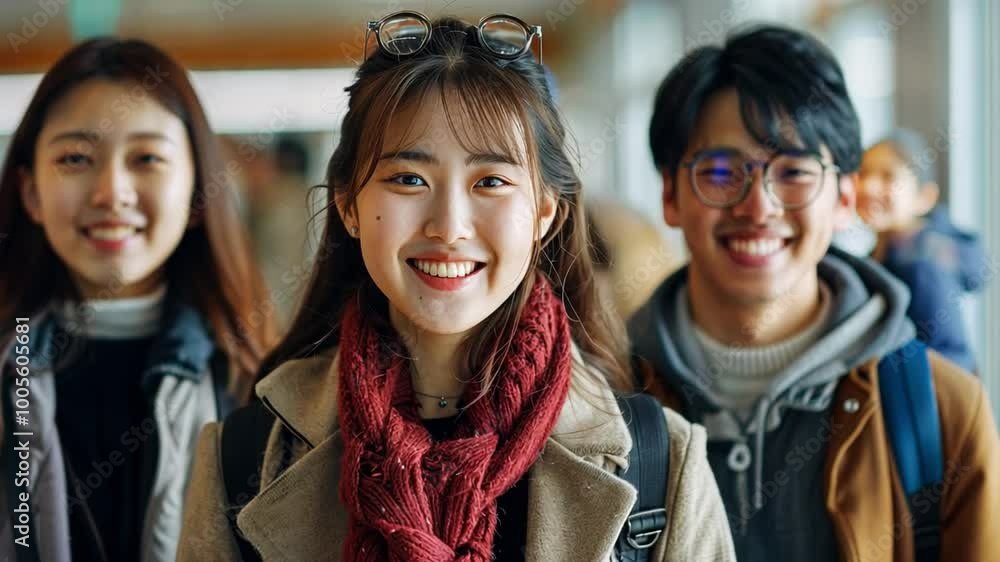 Poster a group of three university students is seen smiling in a bright hallway, radiating friendship and e