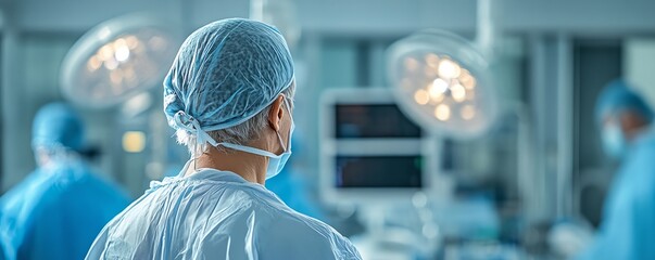 Back view of a surgeon in a sterile operating room, focused on a delicate surgical procedure with advanced medical equipment